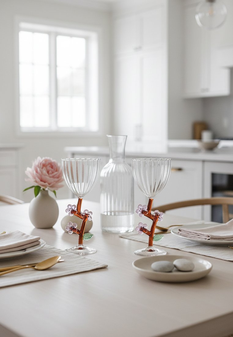 Dwa ozdobne kieliszki do wina z kwiatowymi trzonkami, szklany karafek, złożone serwetki na talerzach oraz różowy kwiat w białym wazonie na kuchennym stole.