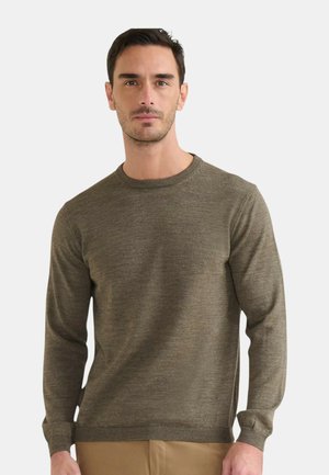 Uomo che indossa un maglione girocollo verde oliva e pantaloni beige, in piedi davanti a uno sfondo grigio chiaro neutro.