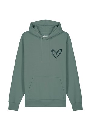 Groene hoodie met voorvak en zwart schetsstijl hartontwerp op de linkerborst, met een verstelbare capuchon met trekkoord.