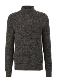 Mörkgrå stickad tröja med ribbad krage och treknappsstängning. Texturerat mönster över hela plagget, med en liten logotagg vid fållen.