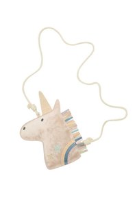 Borsa a forma di unicorno in velluto rosa con un corno dorato, criniera a strisce colorate e stelle decorative. Include una tracolla di colore crema.