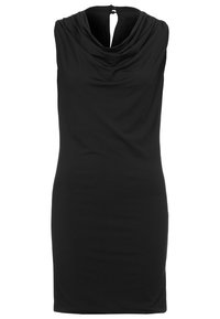 Czarna sukienka bez rękawów z miękkiego, elastycznego materiału, z dekoltem w kształcie czoła i detalu w postaci otworu na plecach. Dopasowany fason.