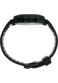 Black watch with a round face and textured bezel. Features two side buttons and a flexible strap with visible notches for adjustment.