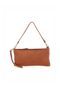 Borsa a tracolla in pelle marrone con forma rettangolare, chiusura con zip e tracolla removibile. Presenta una texture liscia e dettagli in oro.