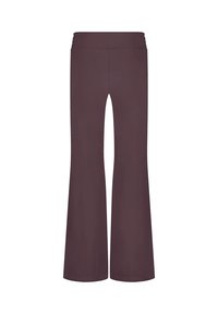 Uitlopende broek gemaakt van een rekbare, soepele stof in donkerpaars. Heeft een hoge tailleband en een strakke, minimalistische uitstraling.