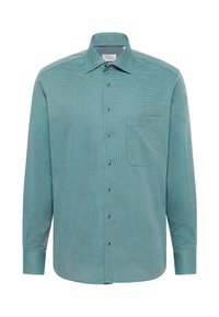 Langærmet skjorte med grønternet mønster, krave, knaplukning foran, enkelt brystlomme og kontrastfarvede blå knapper. Glat stoftekstur.