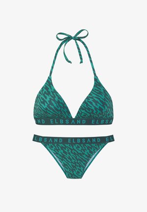 Türkises Bikini-Set mit Camouflage-Muster, bestehend aus einem Triangeltop mit Bindebändern und einem passenden Slip mit einem markierten Bund.