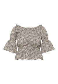 Vállról lelógó, virágmintás peplum blúz fodros ujjal, sötét háttéren apró fehér és sárga virágokkal. Könnyű anyag, ráncolt derékrésszel.