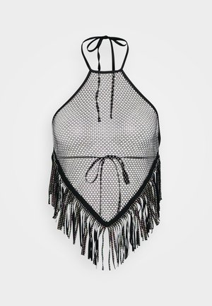 Svart mesh halter topp med trekantet form, med frynser og knyting i nakken og i livet. Teksturert mønster over hele.