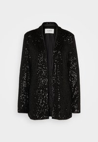 Blazer negro sin cierre cubierto de pequeñas lentejuelas brillantes, con mangas largas y un forro interior negro liso.