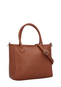 Braune Lederhandtasche mit strukturiertem Finish. Verfügt über zwei Griffe und einen abnehmbaren Schultergurt. Kompakte rechteckige Form.