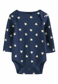 Body côtelé bleu marine à manches longues avec imprimé d'étoiles blanches, doté d'un col arrondi et de boutons-pression à l'entrejambe pour un habillage facile.