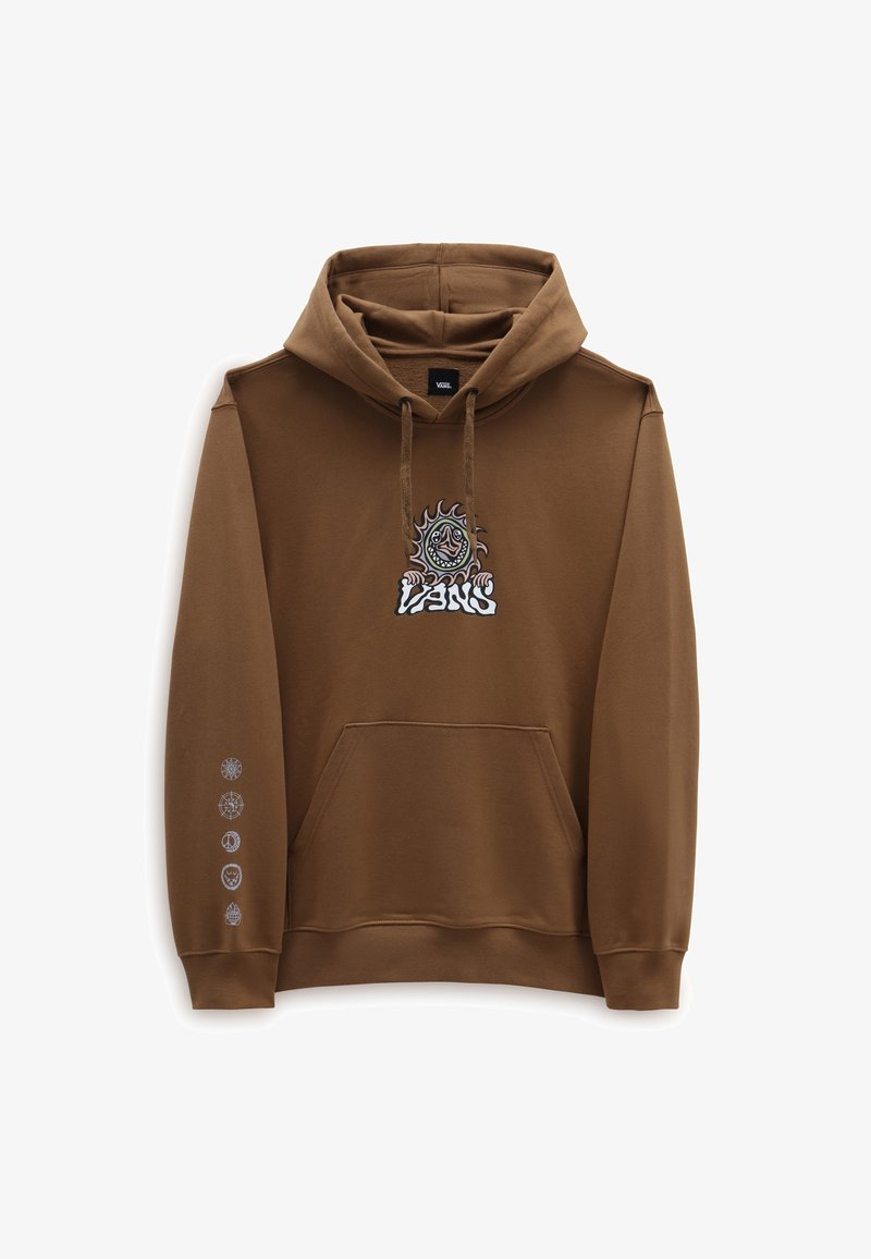 Felpa con cappuccio marrone con grafica frontale che raffigura un sole e elementi in stile cartone animato, maniche lunghe con simboli bianchi e tasca a marsupio frontale.