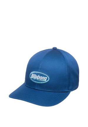 Blå kasket lavet af slidstærkt stof, med et broderet "Billabong" logo i en lys oval. Struktureret design med buet skygge.