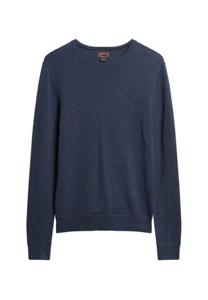 Marineblå langærmet rundhalset sweater med ribstrikkede manchetter og kant, med et lille broderet logo på venstre bryst.