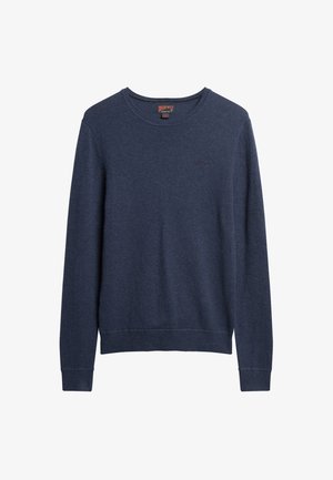 Marineblå langærmet rundhalset sweater med ribstrikkede manchetter og kant, med et lille broderet logo på venstre bryst.
