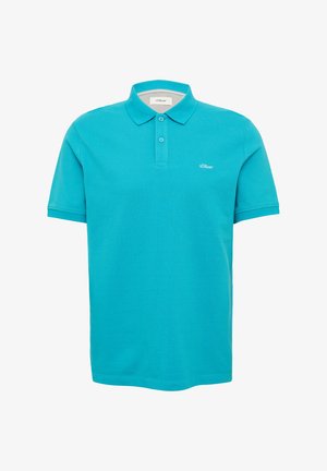 Turkizna polo majica iz bombaža, s klasičnim ovratnikom, dvema gumboma na zapenjanju in izvezenim logotipom na prsih.