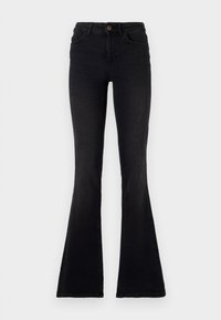 Black flared jeans made of denim. High waist with a button closure, sleek design, and pronounced flared legs at the bottom.