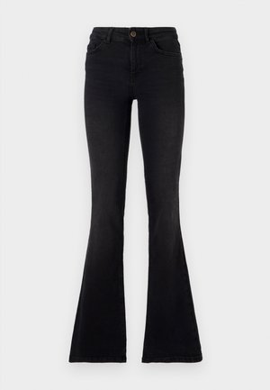 Jean flare noir en denim. Taille haute avec fermeture à bouton, design élégant et jambes évasées prononcées en bas.