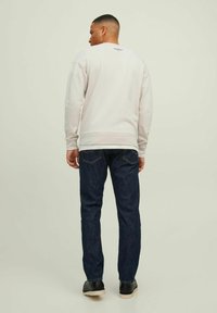 Light gray sweatshirt with a crew neckline, worn over dark blue jeans. The jeans feature standard pockets and a straight-leg cut.