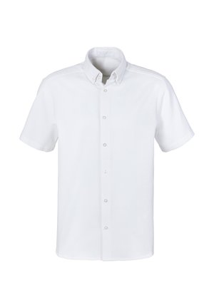 Weißes kurzärmeliges Hemd aus Baumwolle. Verfügt über einen Button-Down-Kragen und eine Vorderleiste mit fünf Knöpfen. Glatte Textur, keine Muster.
