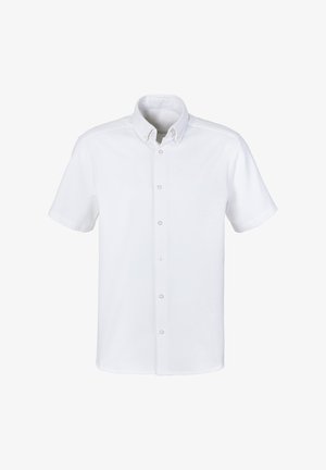 Weißes kurzärmeliges Hemd aus Baumwolle. Verfügt über einen Button-Down-Kragen und eine Vorderleiste mit fünf Knöpfen. Glatte Textur, keine Muster.