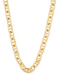Collier en chaîne dorée présentant des maillons ovale entrelacés avec une finition lisse, mettant en avant un design uniforme et une épaisseur moyenne.