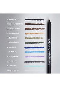 Crayon kajal étanche Isadora et onze échantillons de couleurs étiquetés avec des noms et des numéros, allant du noir intense au blanc simple.