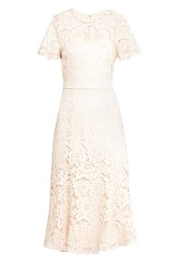 Krémové krajkové midi šaty s krátkým rukávem a přiléhavým pasem, s květinovým krajkovým vzorem po celém povrchu.