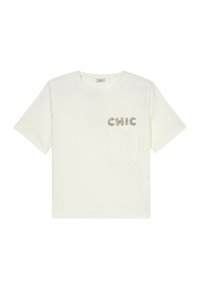 Camiseta de algodón blanca con escote redondo, mangas cortas y un bolsillo. "CHIC" adornado en plata en el lado izquierdo.
