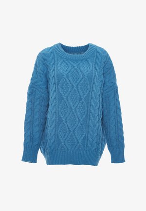 Sinine kudum, millel on paeltehnika disain, ribakant ja -varrukad, vaba lõige ja tekstuurne kangas. Ilma mustrite ja aktsentideta.