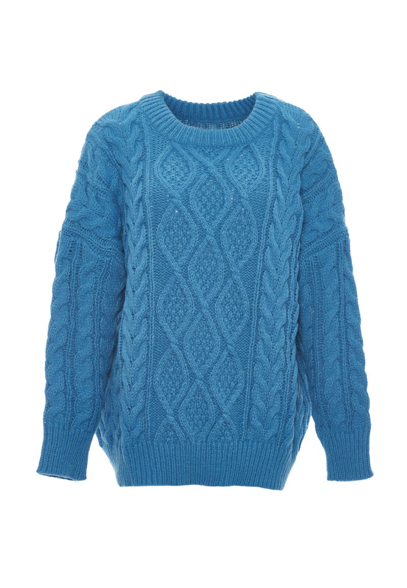 Suéter azul de punto con un diseño de punto en cable, cuello y puños acanalados, con un ajuste holgado y tejido texturizado. Sin patrones ni acentos.