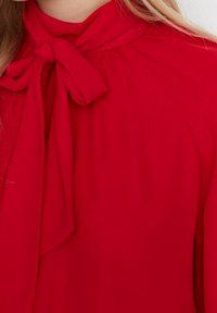 Red blouse featuring a high neckline and a tie detail at the collar. Soft fabric with an elegant drape and textured finish.