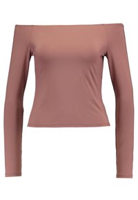 Top s dlouhým rukávem a odhalenými rameny z měkké, elastické tkaniny v jemné barvě mauve; přiléhavý střih s hladkým povrchem a zkrácenou délkou.