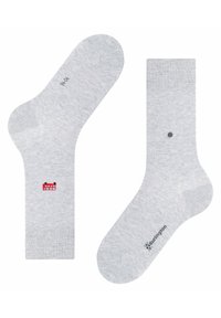 Grau Baumwollsocken mit einer glatten Textur, ausgestattet mit einem kleinen roten Logo und einem schwarzen Punkt am Bund. Klassisches Design mit geripptem Knöchel.
