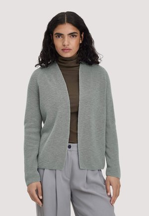 Frau mit lockigem dunklem Haar trägt eine graue gestrickte Strickjacke über einem braunen Rollkragenpullover und weiten grauen Hosen vor einem einfarbigen hellen Hintergrund.