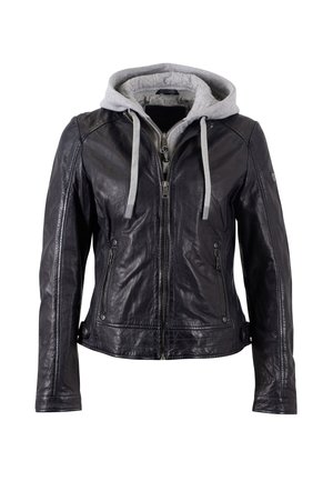 Zwarte leren jas met een grijze capuchon, twee zijritsen en een gladde textuur. Slim fit met subtiele stiksels.