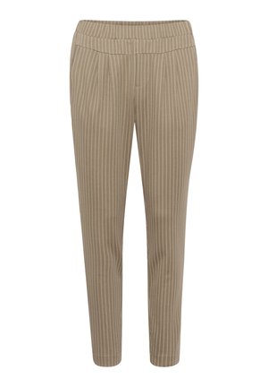 Vaalean beige raidalliset housut kapeutuvalla leikkauksella, joissa on mukava joustava vyötärö ja pystysuora pinstripes-kangas tekstuurin lisäämiseksi.