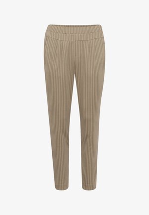 Beige striped trousers with a tapered fit, featuring a comfortable elastic waistband and vertical pinstripe pattern for textured detail.