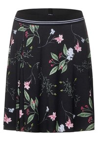 Kukkamekko mustalla taustalla, jossa on vaaleanpunaisia ja valkoisia kukkia, vihreitä lehtiä sekä musta vyötärö, jossa on valkoiset raidat. Kevyt kangas.