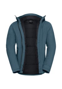 Giacca puffer blu con cappuccio, zip frontale, polsini elastici e foderatura nera. Presenta tasche laterali e texture trapuntata all'interno.