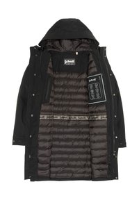 Chaqueta exterior negra con capucha, que presenta un forro aislante marrón acolchado y múltiples bolsillos, incluyendo un panel tecnológico con controles.