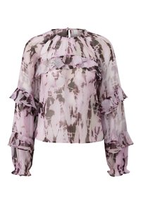 Transparante blouse in lichtroze en grijs tie-dye patroon, met gerimpelde mouwen en halslijn, en een keyhole-sluiting aan de achterkant.