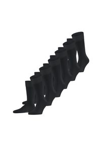 Schwarze Crew-Socken, die in einer Reihe präsentiert werden, mit einem gerippten Saum, glatter Textur und verstärktem Zehenbereich; robuste Stoffkonstruktion.