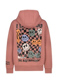 Rosa Kapuzenpullover mit großem Grafikmotiv auf der Rückseite, das farbenfrohe Smiley-Gesichter und ein kariertes Muster zeigt. Der Text lautet "I LOVE YOU" und "YOU ARE DIFFERENT."