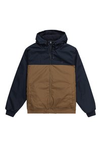 Brun og marineblå hettejakke med halv-zip foran, elastiske mansjetter og to sidelommer, laget av glatt og holdbart stoff.