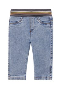 Blauwe denim shorts met een grijze elastische tailleband en oranje, gele en groene strepen. Inclusief details van voorzakken en stiksels accentueringen.