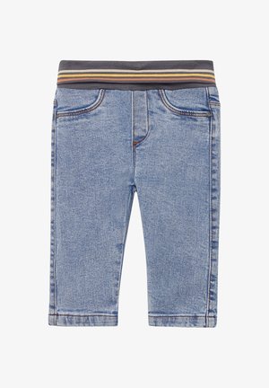Blaue Jeansshorts mit einem grauen elastischen Bund, der orange, gelbe und grüne Streifen aufweist. Enthält Fronttaschen und Nähte als Akzente.