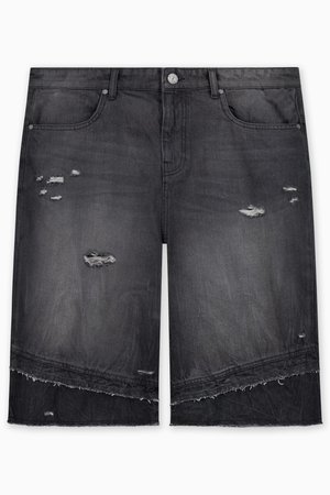 Denim shorts in dark gray with distressed detailing, raw hems, and a slightly faded finish. Features five pockets and a front button closure.