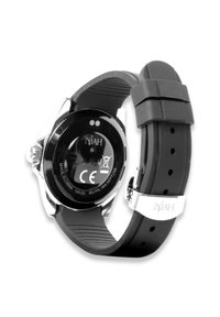 Ronde zwarte horloge met een roestvrijstalen bezel, rubberen band en CE-markering op de achterkant. Heeft een gegraveerde merknaam.